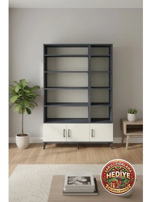 Silva 10 Raflı 3 Kapaklı Dolap Kitaplık - Antrasit/aytaşı, 132X30X195 cm
