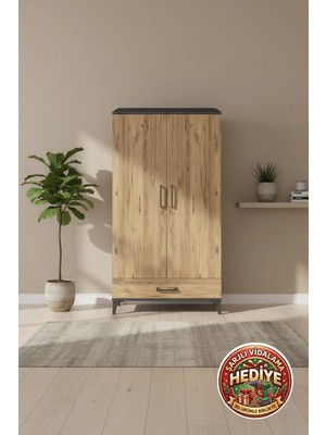 Silva Dolap 4 Raflı 2 Kapaklı 1 Çekmeceli 88X30X163 Antrasit-Çam
