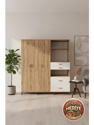 Luna Dolap: 12 Raflı, 4 Çekmeceli, 1 Askılı, 220X44X243 Çam/aytaşı