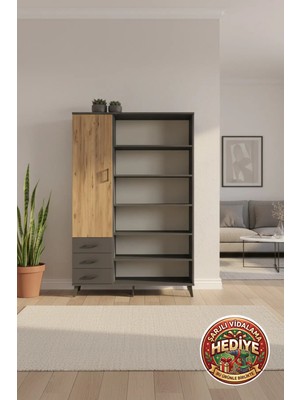 Silva 9 Raflı 3 Çekmeceli 3 Kapaklı Dolap 132X30X195 Antrasit-Çam