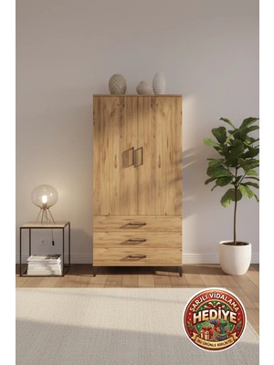 Luna Tek Raflı 3 Çekmeceli Çam Dolap - 88X44X182CM - Depolama & Şıklık