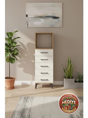 Silva 5 Çekmeceli Çam-Aytaşı Dolap: 44X30X134CM, Raflı Tek Kapaklı Komodin