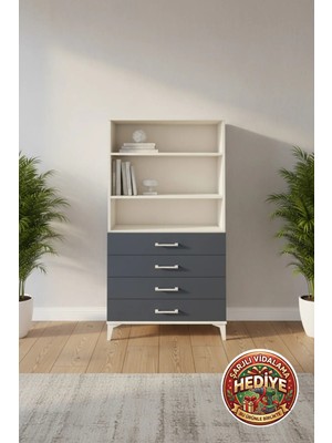 Silva 3 Raflı 4 Çekmeceli Dolap Aytaşı-Antrasit 88X30X163 cm - Dekoratif Depolama