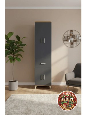 Luna Dolap 5 Raflı Çekmeceli 4 Kapaklı 60X44X243 Çam-Antrasit: Şıklık ve Depolama