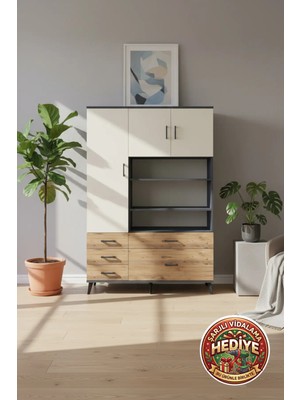 Silva Dolap 9 Raflı 5 Çekmeceli 3 Kapaklı 132X30X195 Antrasit-Aytaşı/çam