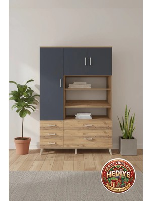 Luna Dolap: 9 Raflı, 5 Çekmeceli, 3 Kapaklı - 132X44X195 Çam/antrasit