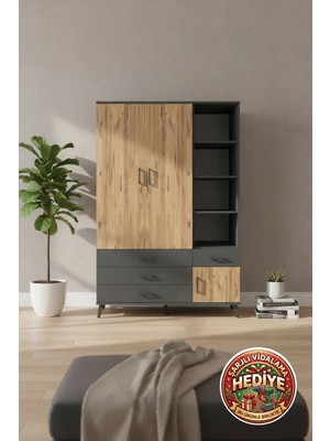 Aura Dolap: 5 Raflı, 4 Çekmeceli, 1 Askılı 132X59X195 Antrasit-Çam