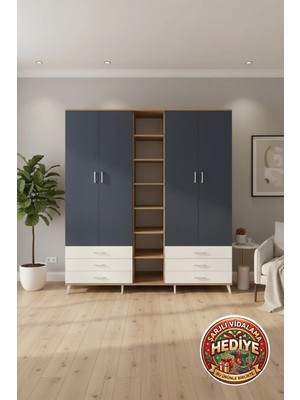 Luna 13 Raflı 6 Çekmeceli 2 Askılı Dolap (220X44X243) Çam-Antrasit/aytaşı