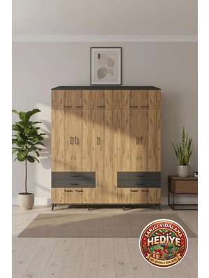 Aura Dolap 12 Raflı 4 Çekmeceli 2 Askılı 220X59X243 Antrasit-Çam