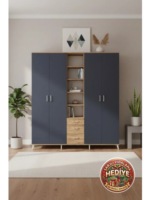 Silva 17 Raflı Dolap: 220X30X243CM, 3 Çekmeceli, 4 Kapaklı, Çam-Antrasit