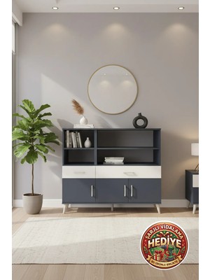 Aura 8 Raflı 2 Çekmeceli 6 Kapaklı Dolap - Antrasit/aytaşı Modern Depolama Çözümü