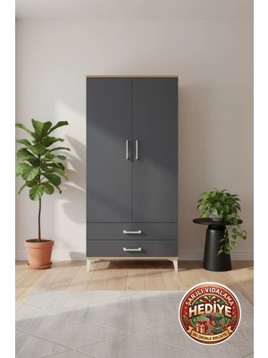 Silva 4 Raflı Çekmeceli Dolap: 88X30X182 Çam & Antrasit Şıklığı