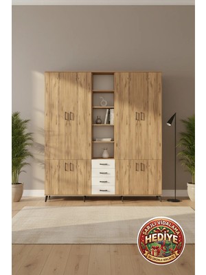Silva 17 Raflı 4 Çekmeceli 8 Kapaklı Dolap (220X30X243) Çam/aytaşı