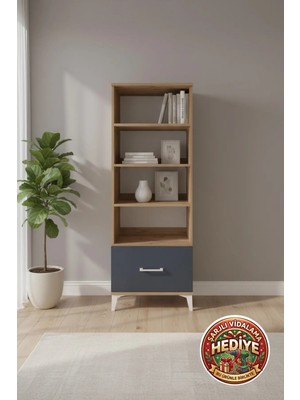 Luna 4 Raflı Tek Çekmeceli Dolap: 60X44X163 cm Çam-Antrasit Şıklığı