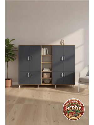 Luna 14 Raflı 8 Kapaklı Dolap 220X44X163 Çam-Antrasit: Yaşam Alanınıza Şıklık ve Düzen Katın!