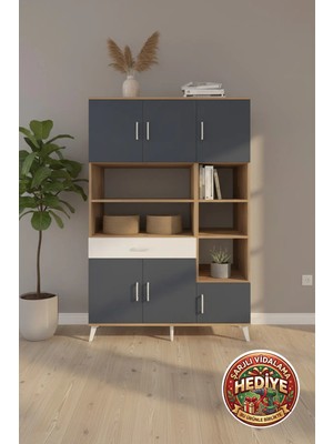 Aura 10 Raflı 6 Kapaklı Çekmeceli Dolap 132X59X195 Çam-Antrasit