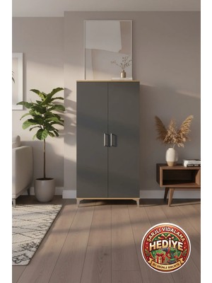 Luna Dolap 4 Raflı 2 Kapaklı 88X44X182 Çam-Antrasit: Şıklık ve Fonksiyonellik