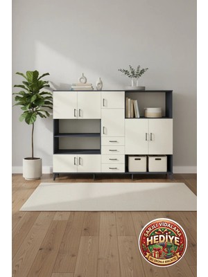 Luna Dolap 10 Raflı 4 Çekmeceli 8 Kapaklı 220X44X163 Antrasit-Aytaşı | Modern Depolama Çözümü