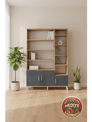 Silva 10 Raflı 3 Kapaklı Dolap: Şık Çam-Antrasit Tasarım, 132X30X195 cm