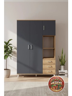 Silva 5 Raflı 3 Çekmeceli Askılı Dolap (132X30X195) Çam-Antrasit