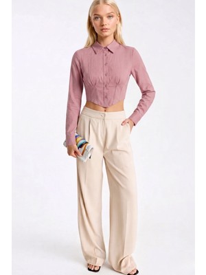 Asfaha Fashion Kadın Gömlek Yaka Düğmeli Crop Gömlek