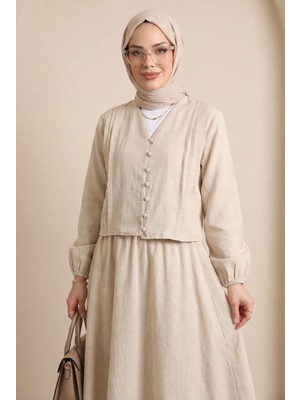 Moda Morfo V Yaka Önü Düğmeli Plise Detaylı Keten Takım -Taş