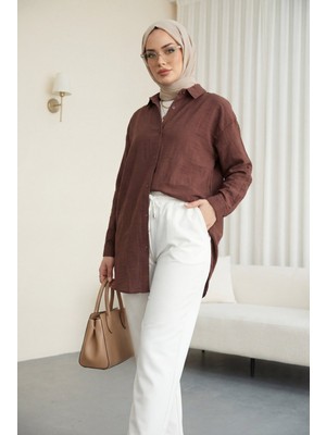 Moda Morfo Oval Kesim Düğmeli Gömlek -Kahve