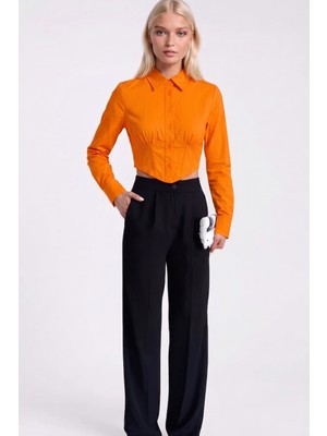 Asfaha Fashion Kadın Gömlek Yaka Düğmeli Crop Gömlek