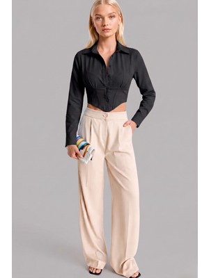 Asfaha Fashion Kadın Gömlek Yaka Düğmeli Crop Gömlek