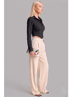 Asfaha Fashion Kadın Gömlek Yaka Düğmeli Crop Gömlek