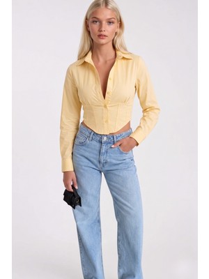 Asfaha Fashion Kadın Gömlek Yaka Düğmeli Crop Gömlek