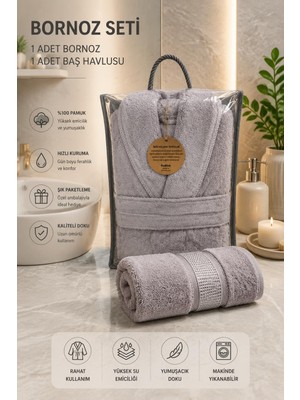 Özdilek Elagance Wave Bornoz + Baş Havlusu L Beden Gri