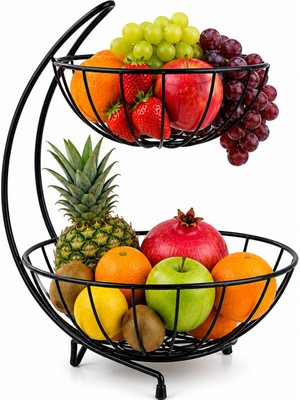 Aşkana 2 Katlı Metal Meyve Sepeti Siyah – Geniş Hacimli Meyvelik Sebzelik Sunum Standı – Tezgah Üstü Masa Organizeri 28X32X42 cm
