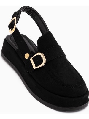 Limoya Gity Siyah Süet Çift Tokalı Kadın Slingback Loafer Ayakkabı