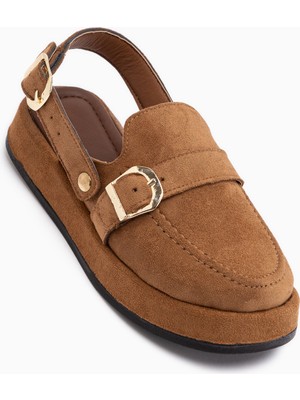 Limoya Gity Taba Süet Çift Tokalı Kadın Slingback Loafer Ayakkabı
