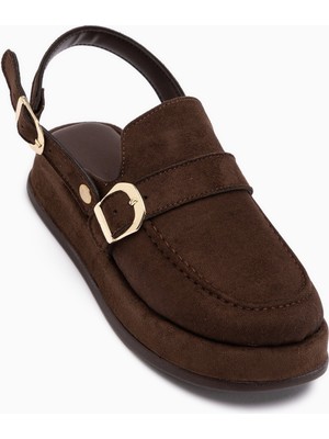 Limoya Gity Kahve Süet Çift Tokalı Kadın Slingback Loafer Ayakkabı