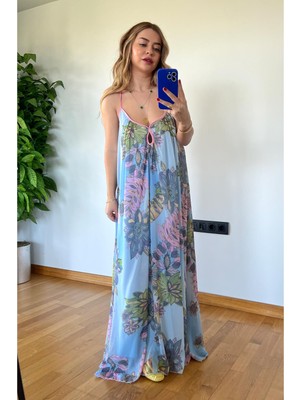 Picco Boutique Kadın Çiçekli Salaş Maxi %100 Pamuk Elbise Ince Askılı Arkası Çapraz Bağlamalı Dökümlü Yazlık Uzun Oversize Boho Şifon Cut Out Detaylı Günlük Tatil Plaj Elbisesi