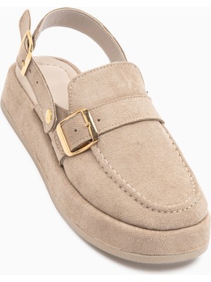 Limoya Gity Bej Süet Çift Tokalı Kadın Slingback Loafer Ayakkabı