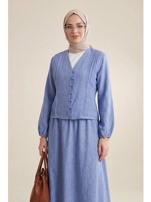 Moda Morfo V Yaka Önü Düğmeli Plise Detaylı Keten Takım -Mavi