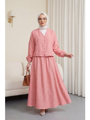 Moda Morfo V Yaka Önü Düğmeli Plise Detaylı Keten Takım -Nar Çiçeği