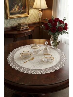 Rona Home Lüks Dekoratif Yuvarlak Runner Güpür Kenarlı Jakarlı Desenli Orta Sehpa Örtüsü 60 cm Çap