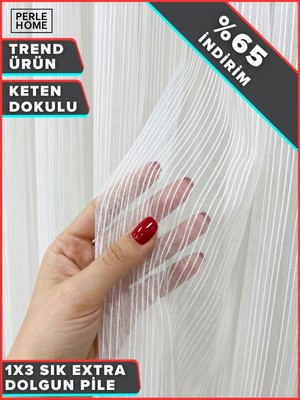 Perle Çizgili Modern Tül Perde Beyaz Renk  1’e 3 Sık Pile Ütü Istemez