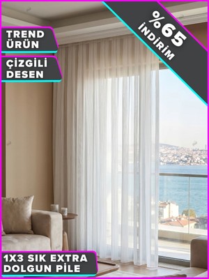 Demor Home  1’e 3 Sık Pileli Çizgili Tül Perde Kırık Beyaz Kornişe Takmaya Hazır