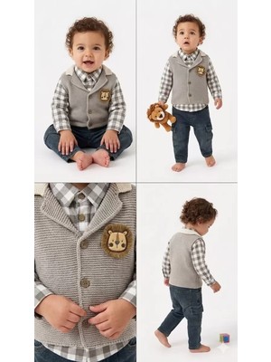 İkikareshop 6/24 Ay Triko Yelekli 3 Parça Bebek Takımı