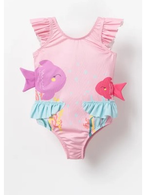 Bunny Hopp Kız Çocuk Pembe Balık Desenli Fırfırlı Mayo - Çabuk Kuruyan Esnek Kumaş