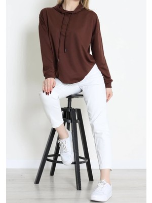 f.kereci Kapüşonlu Yan Yırtmaç Detaylı 2 Iplik Şardonlu Oversize Sweat Tunik Kahverengi
