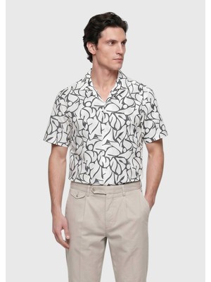 Ramsey Ekru Baskılı Regular Fit Kısa Dokuma Casual %100 Pamuk Gömlek