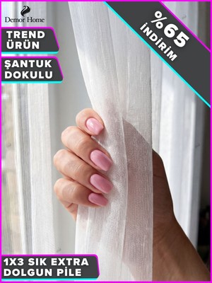 Demor Home Premium Yoğun Şantuklu Tül Perde 1/3 Gerçek Sık Pile Ütü Istemez