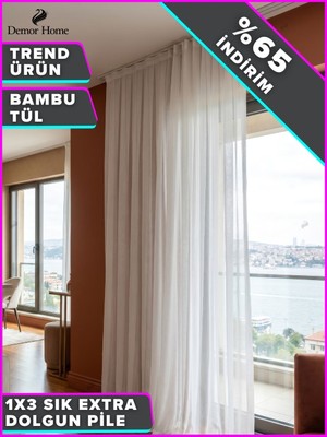 Demor Home     Ağır Gramajlı 1/3 Sık Pile Bambu Tül Perde Modern Tasarım Kullanıma Hazır