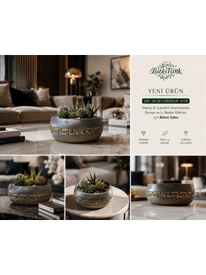 🖤✨ Bitkitürk Gold Desenli Siyah Beton Saksı 18X8 cm – Premium Dekoratif Sukulent, Bonsai ve Iç Mekân Saksısı ✨🖤